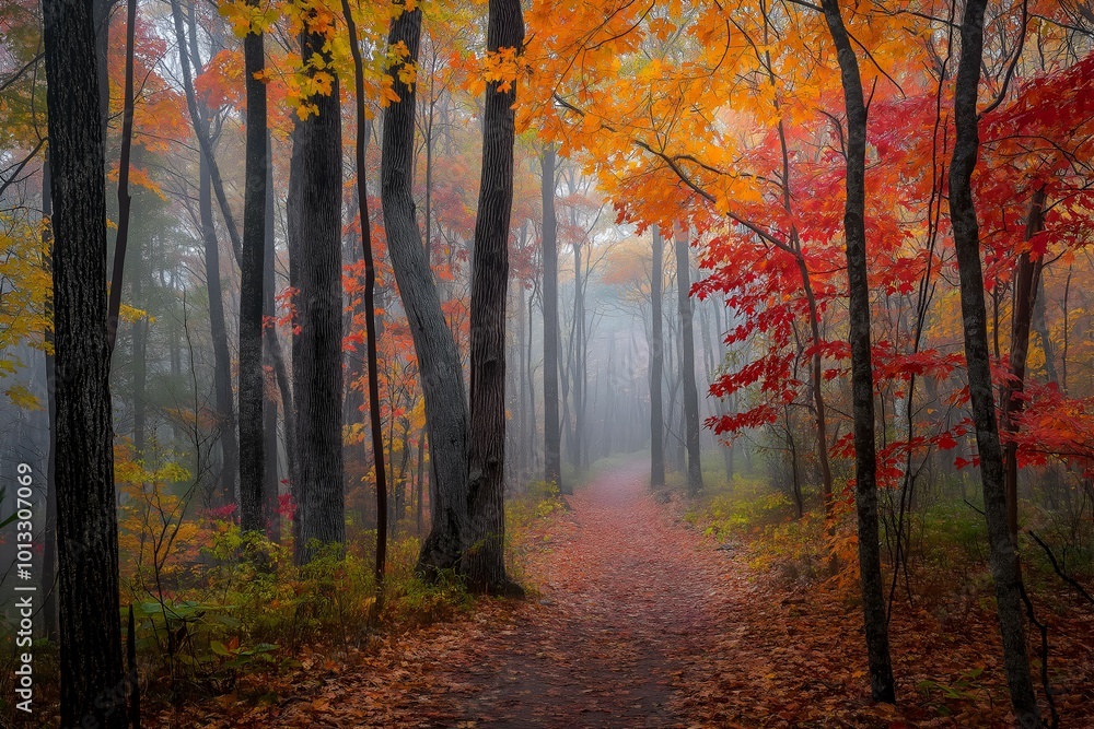 Obraz premium Autumn landscape of a forest with towering trees in shades of red, orange, and yellow. Fallen leaves cover the forest floor, and a narrow path winds through the trees.