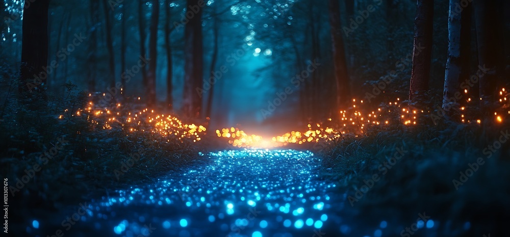 Mystical path through a glowing forest with blue and orange lights. Mystical path through a glowing forest with blue and orange lights.