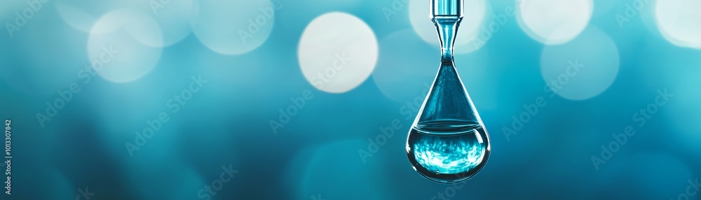 Droplet Hanging from Pipette with Blurred Blue Background Droplet Hanging from Pipette with Blurred Blue Background