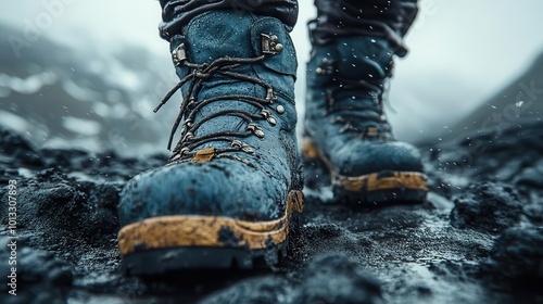 man ascending a rugged mountain path a closeup of his sturdy leather hiking boots in motion showcasing determination and adventure as he navigates the challenging terrain of the great outdoors