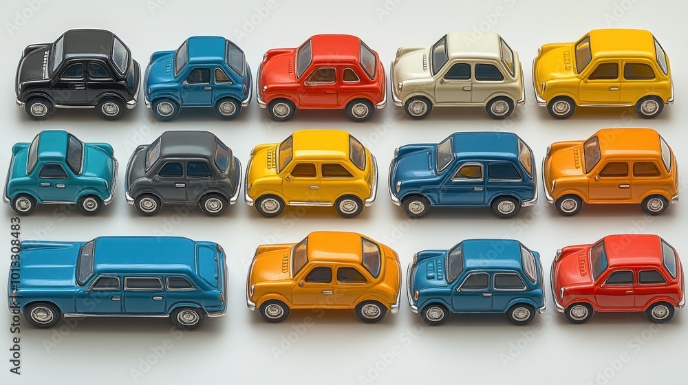 A collection of colorful toy cars arranged in rows. A collection of colorful toy cars arranged in rows.