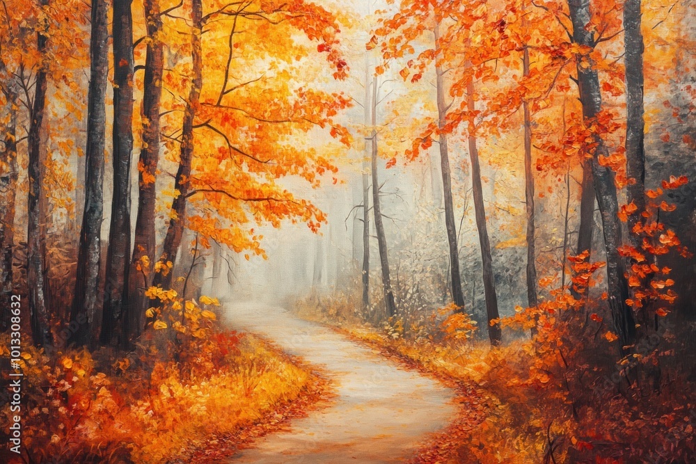 Warm autumn forest pathway for a cozy canvas painting mockup. Warm autumn forest pathway for a cozy canvas painting mockup.