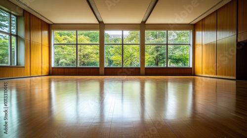 Empty Room with Large Windows and Wooden Walls