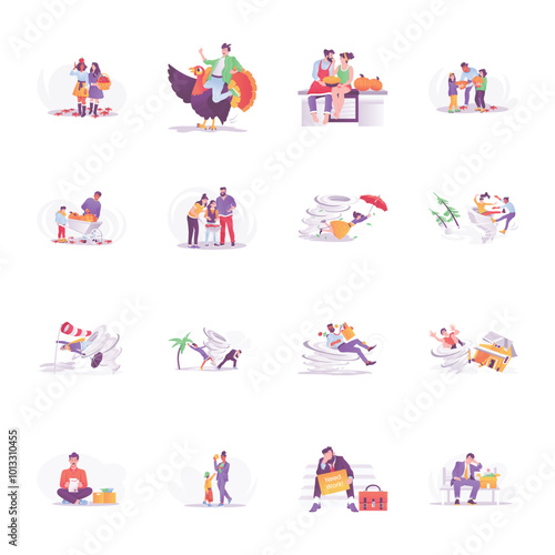 Set of Festival and Weather Flat Style Illustrations 

