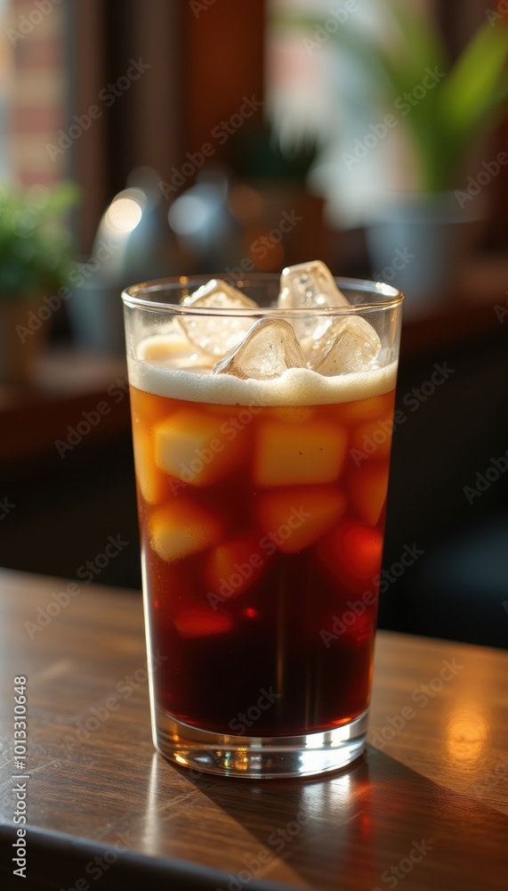A refreshing glass of iced coffee with ice cubes, perfect for cafes and beverage menus. Ideal for promoting summer drinks or café culture. A refreshing glass of iced coffee with ice cubes, perfect for cafes and beverage menus. Ideal for promoting summer drinks or café culture.