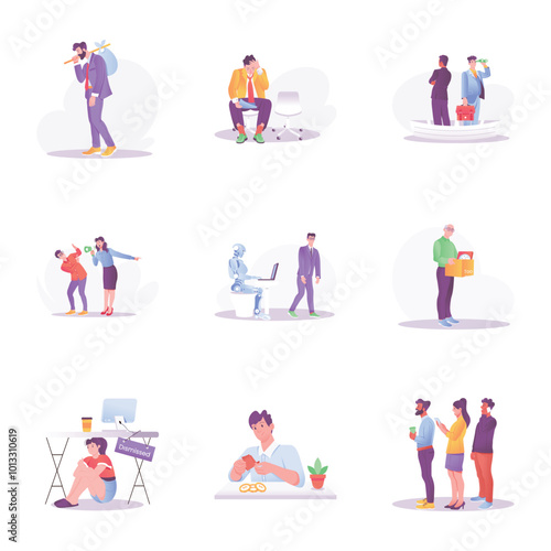 Set of Unemployment Flat Style Illustrations 

