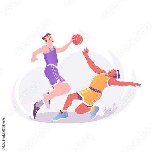 A flat style illustration of playing basketball