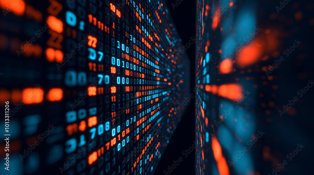 Obraz premium Binary computer matrix code data stream abstract ,A digital landscape rows of numbers floating in midair,AI,LLM ,earth,transmission , global internet network ,cloud storage,encryption,background.