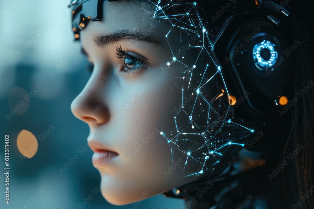 Cyber girl AI thinking with a neural network brain Cyber girl AI thinking with a neural network brain