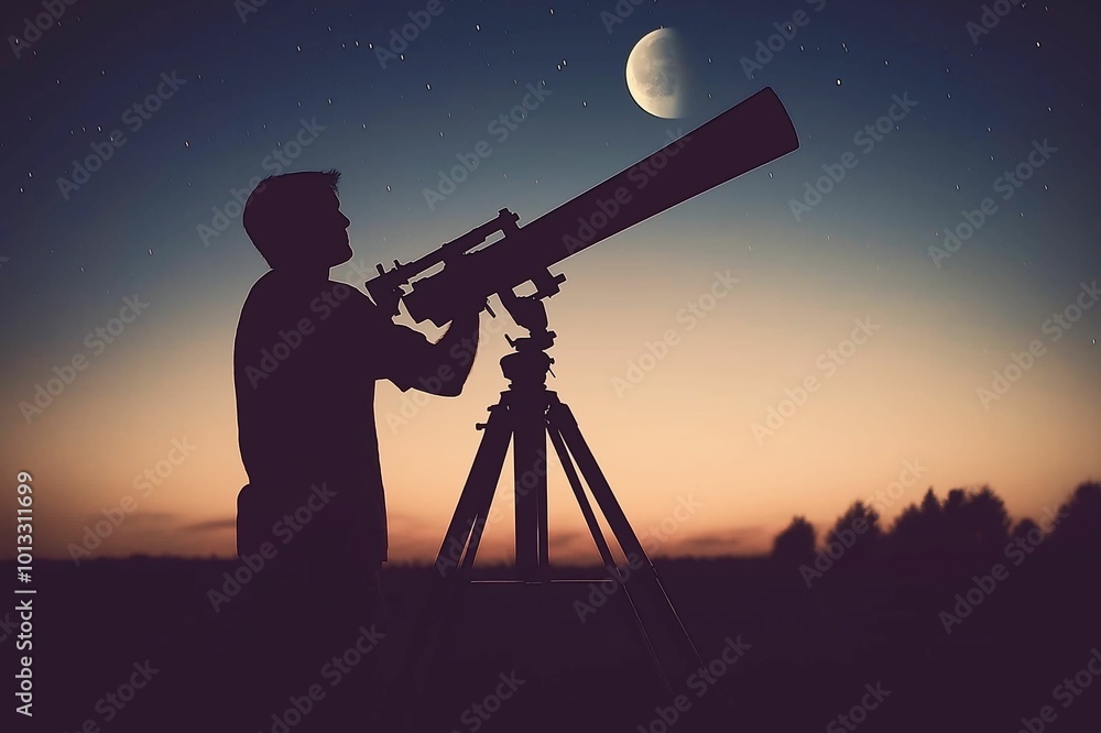 Silhouette of Man Using Telescope to Observe Moon and Stars at Twilight Silhouette of Man Using Telescope to Observe Moon and Stars at Twilight
