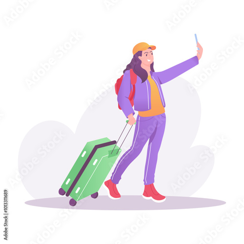 A traveller taking selfie, a flat style illustration 