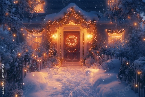 Snow-covered house decorated with christmas lights is waiting for the holidays photo