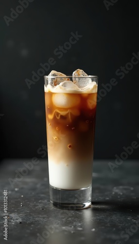 Refreshing iced coffee with layers of milk and coffee served in a tall glass, perfect for summer menus and beverages promotions.