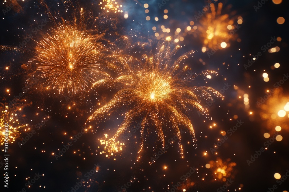 Bright golden fireworks exploding on dark night sky background Bright golden fireworks exploding on dark night sky background