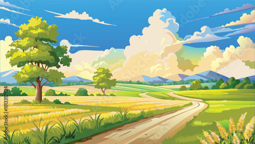 A green landscape with a beautiful road passing through a vast field vector illustration