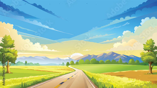 A green landscape with a beautiful road passing through a vast field vector illustration