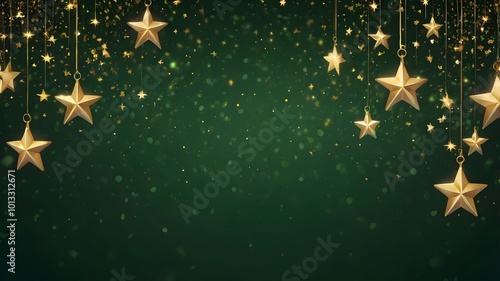 Elegant green background with gold star elements, free copyspace area. generative ai
