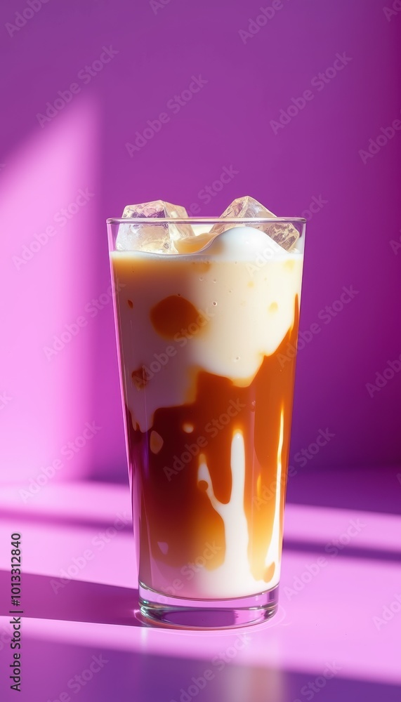 A refreshing glass of iced coffee with milk, set against a vibrant purple backdrop, perfect for food and beverage promotions, social media, and lifestyle content. A refreshing glass of iced coffee with milk, set against a vibrant purple backdrop, perfect for food and beverage promotions, social media, and lifestyle content.