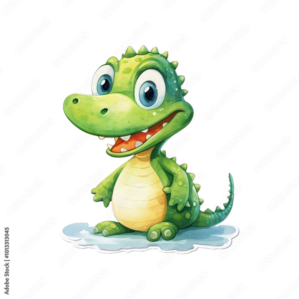 Fototapeta premium A green dinosaur with a big smile, sharp teeth, and claws is suitable for children's products or dinosaur themed designs. Cute and playful. Generative AI