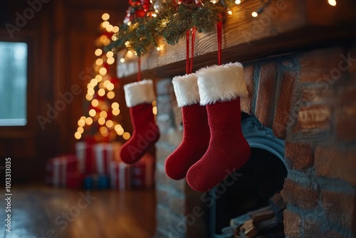 Three red christmas stockings hanging from a brick fireplace photo