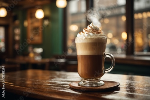 Cozy pub scenes with glowing lights and mugs of Irish coffee on a rainy evening, capturing warmth and comfort