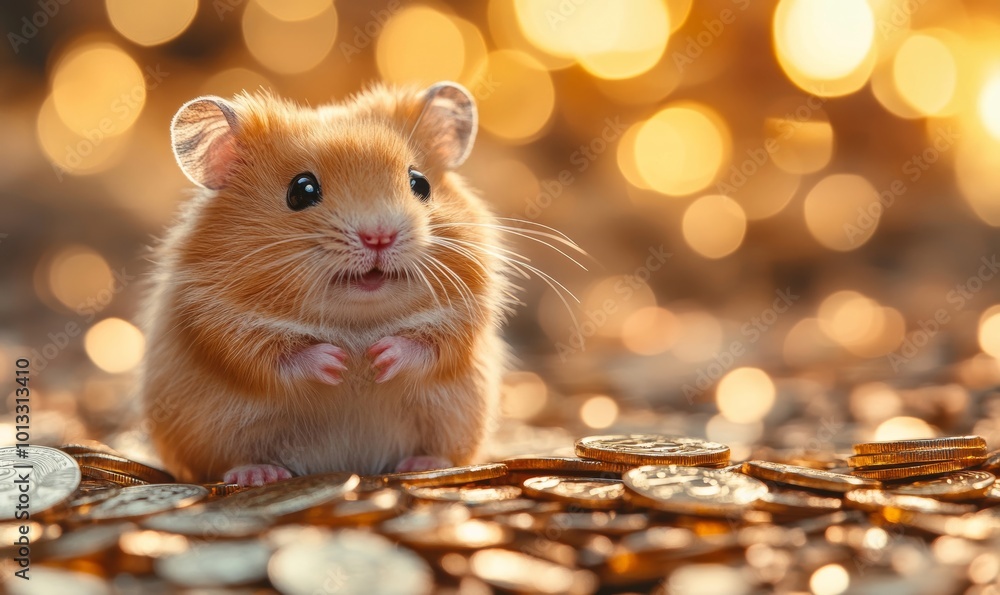 Hamster surrounded by cryptocurrency coins in a bokeh background, Generative AI