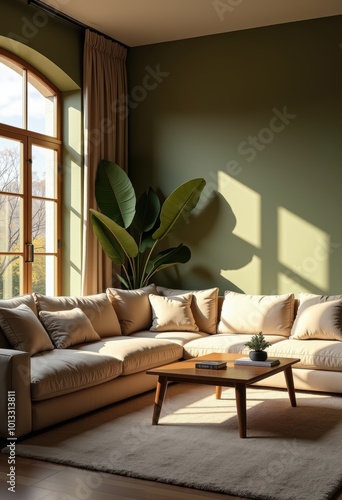 A tranquil living room featuring a cozy beige sectional sofa, elegant green walls, and lush plants, perfect for interior design, home decor, and lifestyle themes. photo