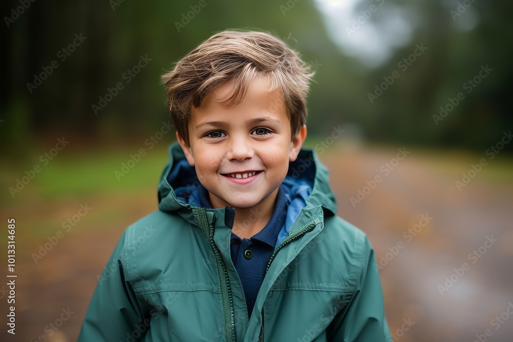 Portrait of a smiling little boy in a raincoat standing in the forest Portrait of a smiling little boy in a raincoat standing in the forest