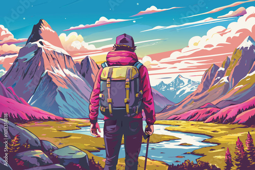 person walking on a mountain hiking through an epic mountain landscape with a big backpack vector art illustration