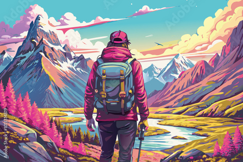 person walking on a mountain hiking through an epic mountain landscape with a big backpack vector art illustration