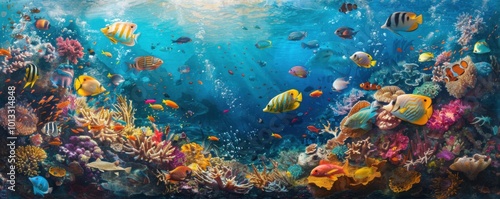 Shoal of tropical fish darting around a vibrant coral reef, 4K hyperrealistic photo