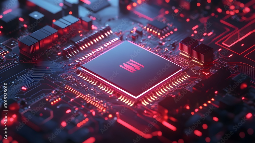 Futuristic computer chip circuit board with glowing red lights Futuristic computer chip circuit board with glowing red lights