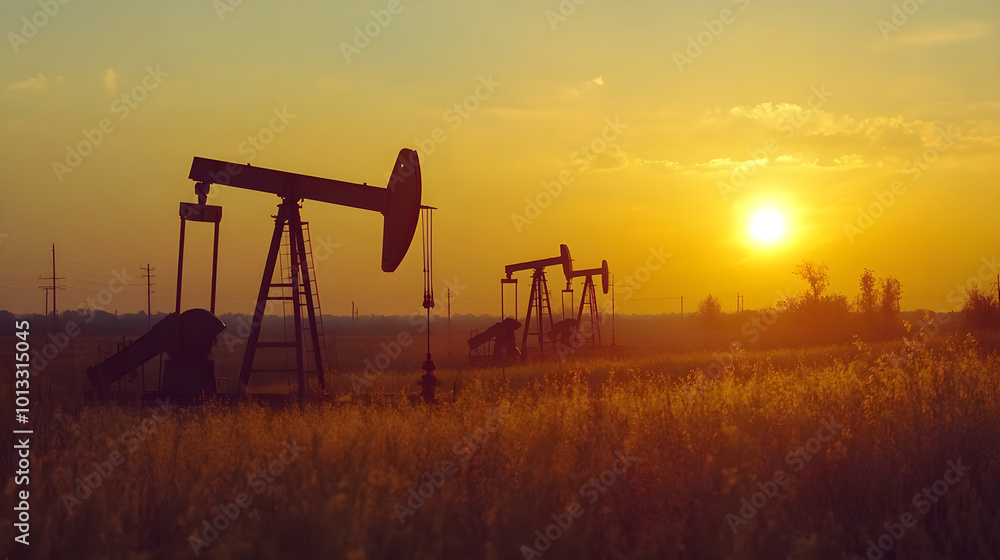 Fototapeta premium Oil pump jacks in field at sunset create serene landscape