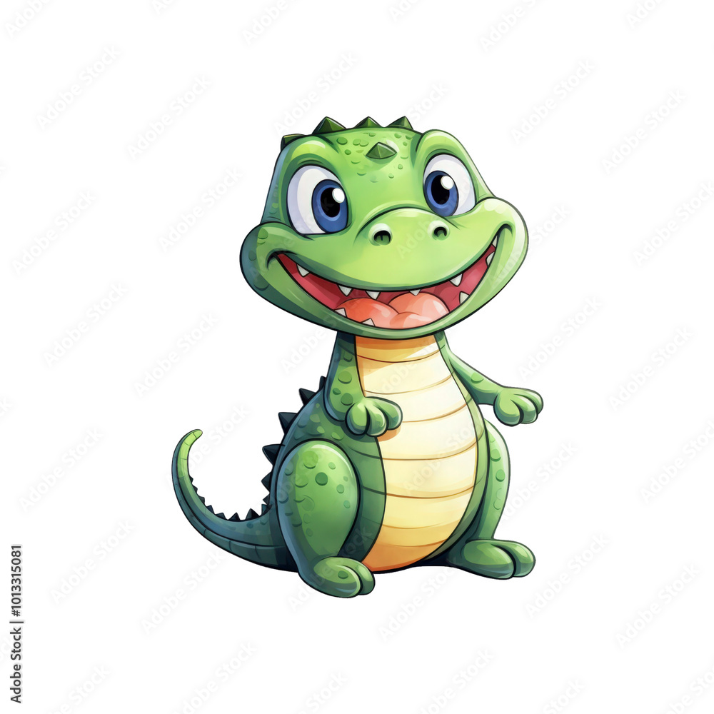 Fototapeta premium A green dinosaur with a big smile, sharp teeth, and claws is suitable for children's products or dinosaur themed designs. Cute and playful. Generative AI