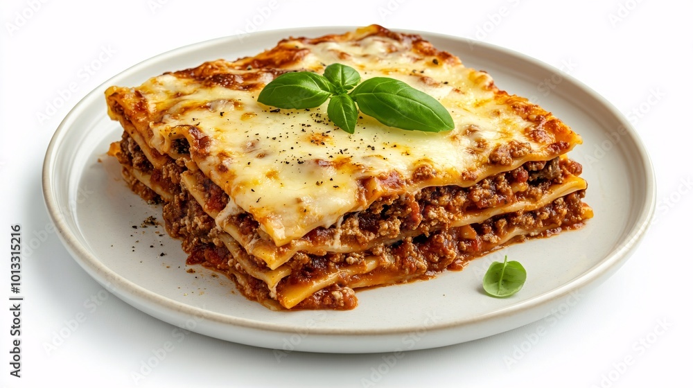 Top view of a plate of lasagna with layers of meat sauce and cheese, isolated on white background. Top view of a plate of lasagna with layers of meat sauce and cheese, isolated on white background.