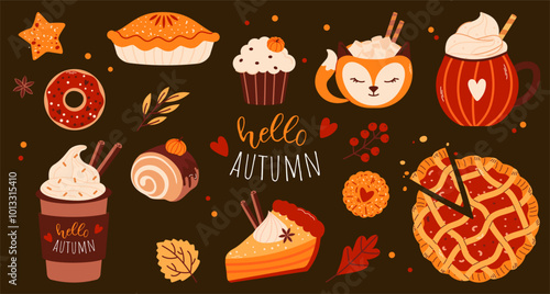 Set of cute pumpkin spice products, food and hot drinks isolated on brown background. Seasonal flavored products, latte in a fox cup, donut, cupcake, pie, cinnamon bun. Vector flat illustration
