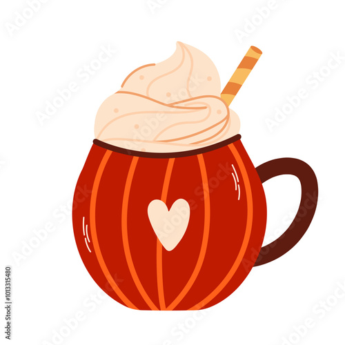 Pumpkin Spice Coffee with cream. Autumn hot drink isolated on white background. Seasonal flavored products, vector flat illustration