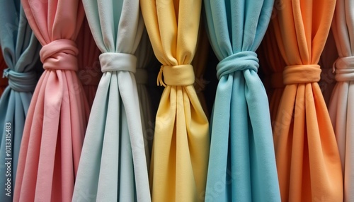 Intricately tied curtain knots hang gracefully in a textile shop, displaying a vibrant array of colors, patterns, and textures in the afternoon light. Generative AI