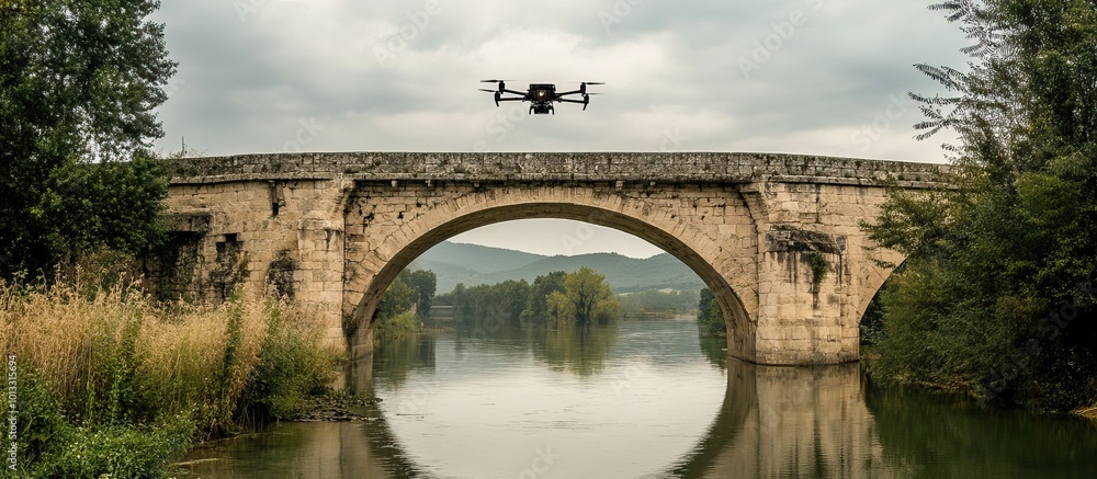 Obraz premium Drone Flying Over Ancient Stone Bridge