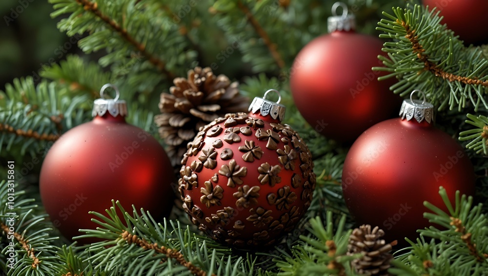 Red ornaments and pine cones on pine branches for a festive look. Red ornaments and pine cones on pine branches for a festive look.