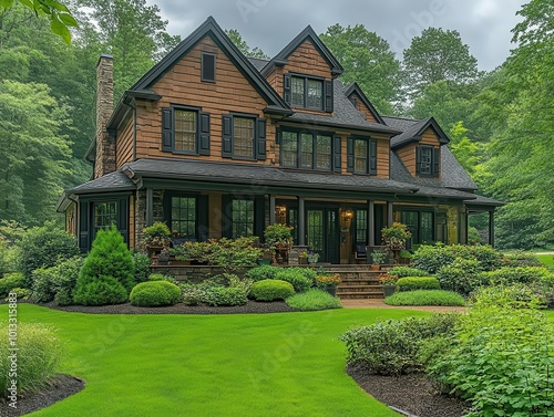 charming exterior view showcasing picture windows and vinyl siding around a beautifully crafted home emphasizing architectural details and inviting outdoor scenery