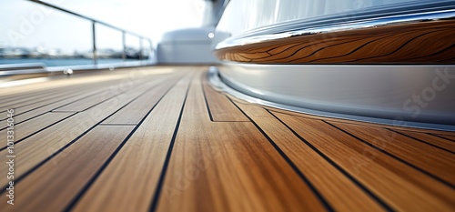 Teak wood deck on a yacht with a chrome trim.