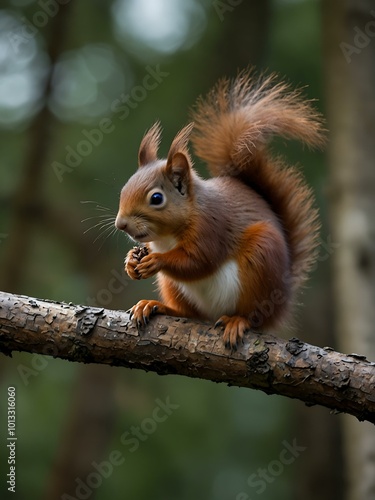 Red squirrel on a branch.