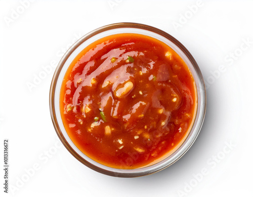 Thai Suki Sauce in a bowl isolated on white background with clipping path. Top view