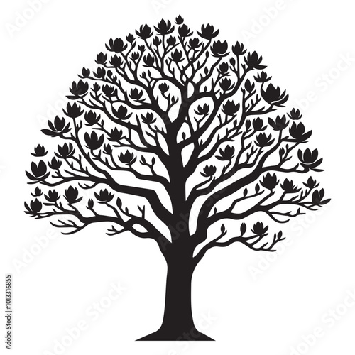 Magnolia Tree Vector illustration in black and white - Magnolia Plant Silhouette Design