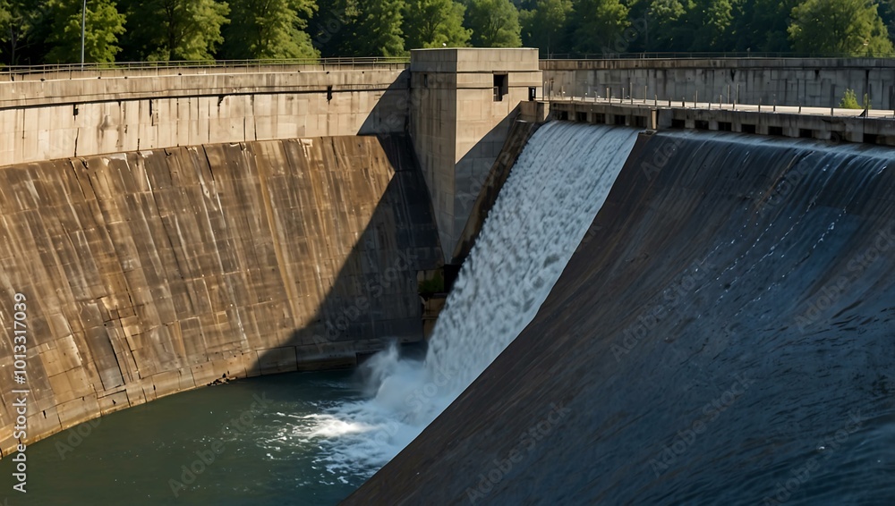 Reservoir held by a dam, controlling water flow. Reservoir held by a dam, controlling water flow.