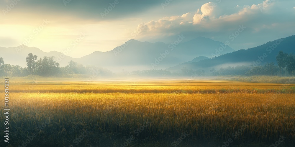 Serene Landscape with Golden Rice Fields at Sunrise Serene Landscape with Golden Rice Fields at Sunrise