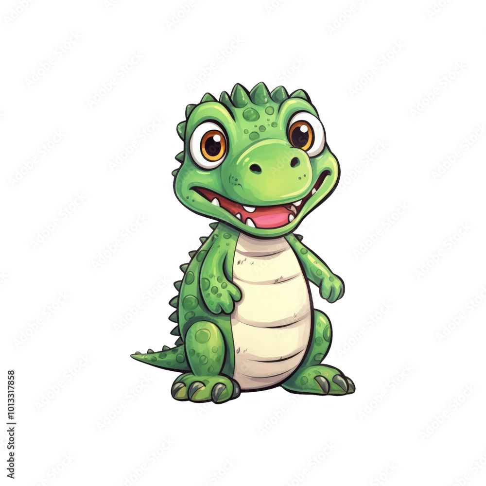 Fototapeta premium A green dinosaur with a big smile, sharp teeth, and claws is suitable for children's products or dinosaur themed designs. Cute and playful. Generative AI