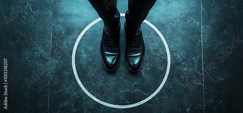 A person's feet stand inside a white circle on a dark blue textured surface.