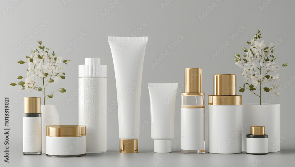 3D rendering design of various white and gold beauty product bottles design, jars, tubes design, pump heads design, front view design, on a gray background design 3D rendering design of various white and gold beauty product bottles design, jars, tubes design, pump heads design, front view design, on a gray background design